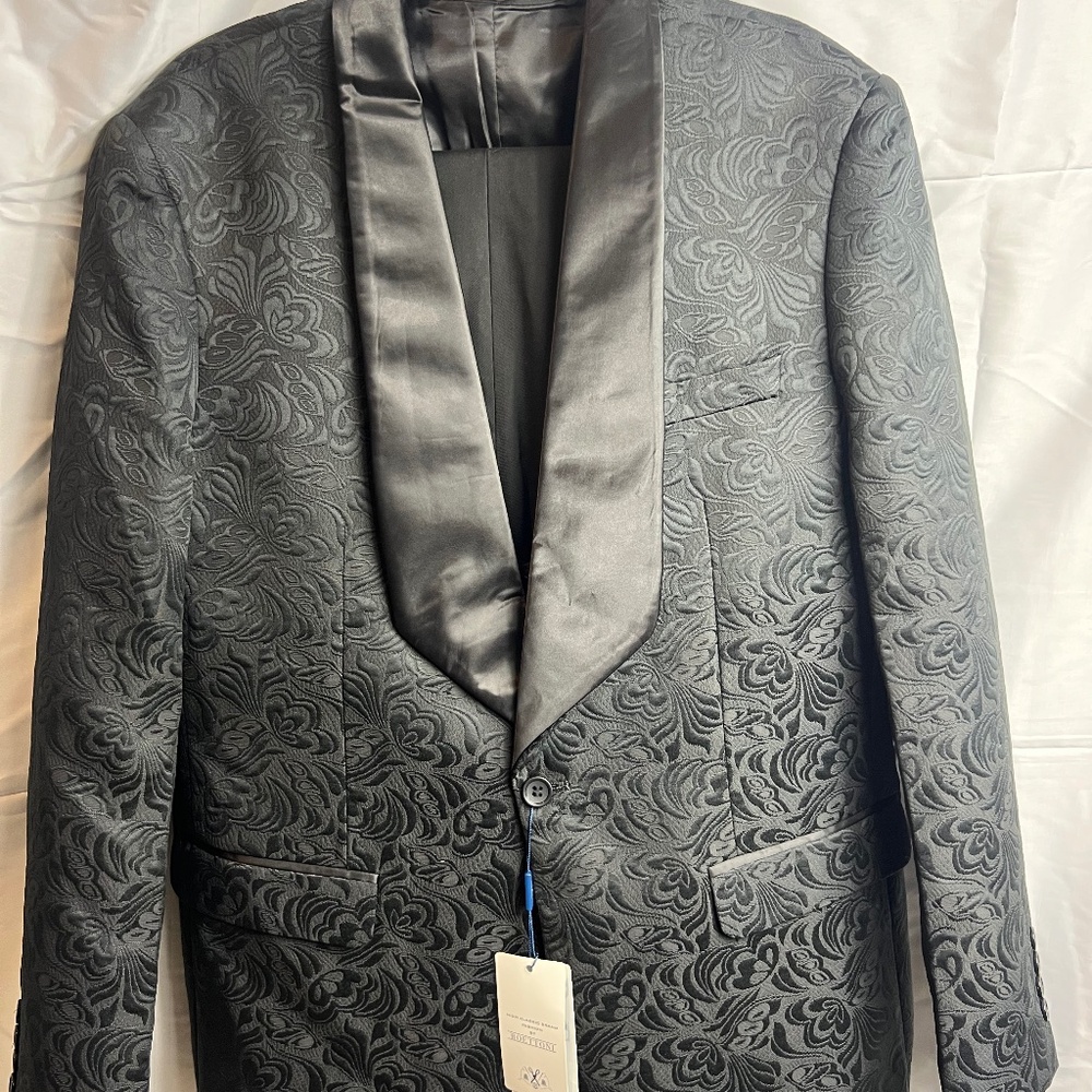 Men’s Black Floral Jacquard Tuxedo Jacket Satin Shawl Lapel Formal Blazer NWT